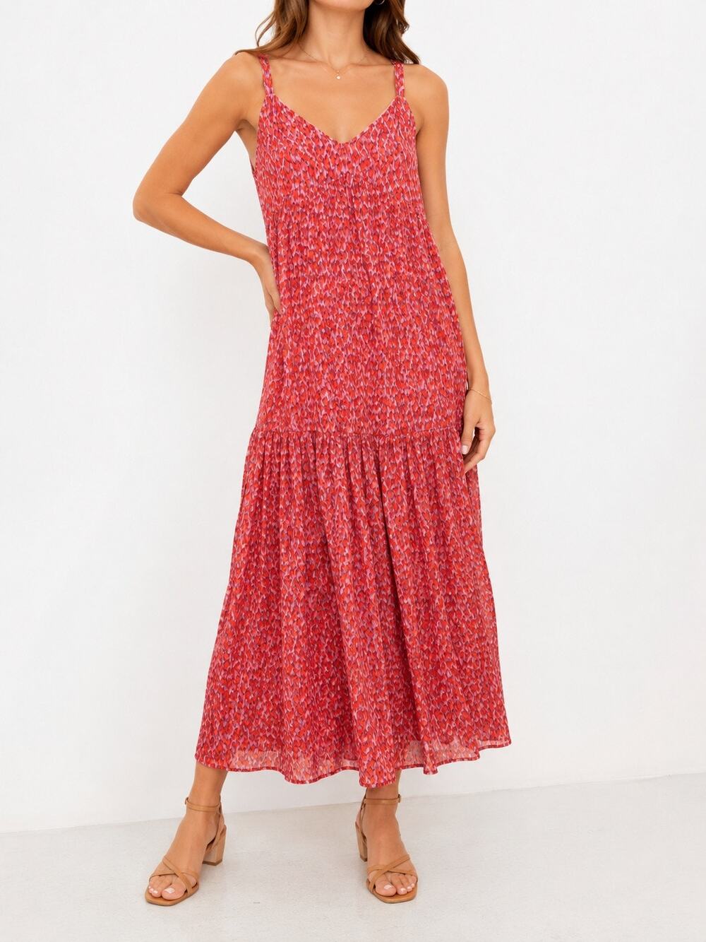 JOIE Red Pink Abstract Print Cotton Maxi Dress Tiered V Neck Boho Medium